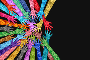 Inclusion and membership and Belonging concept as a symbol of acceptance and integration with diversity and support of different cultures as diverse races and unity symbol holding hands together.